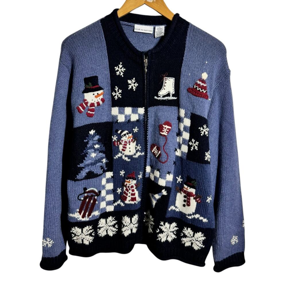 Croft & Barrow Winter Christmas Sweater Cardigan Women L Blue Snowman Full Zip